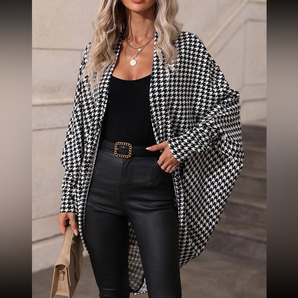 Classic Houndstooth Plaid Batwing Sleeve Open Front Cover UP Coat LIGHTWEIGHT - Picture 1 of 11